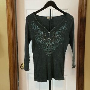ONE WORLD Gray Long Sleeve Top with Teal Accents